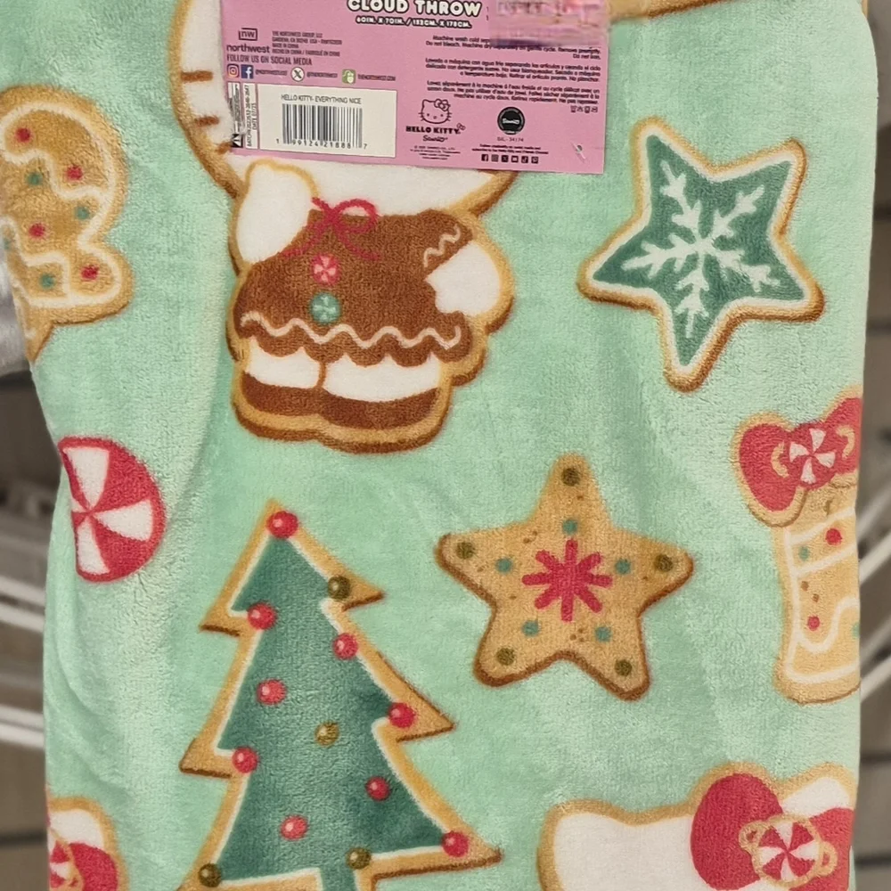 Hello Kitty Gingerbread Chritmas Cloud Throw Blanket - Pink and Green